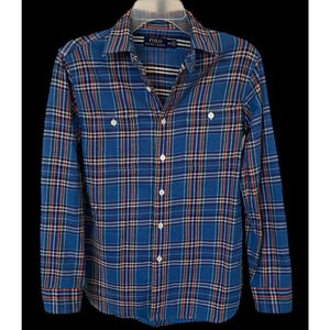Polo Ralph Lauren Woven Flannel Shirt Men's Blue Orange Plaid Size Small - flaws